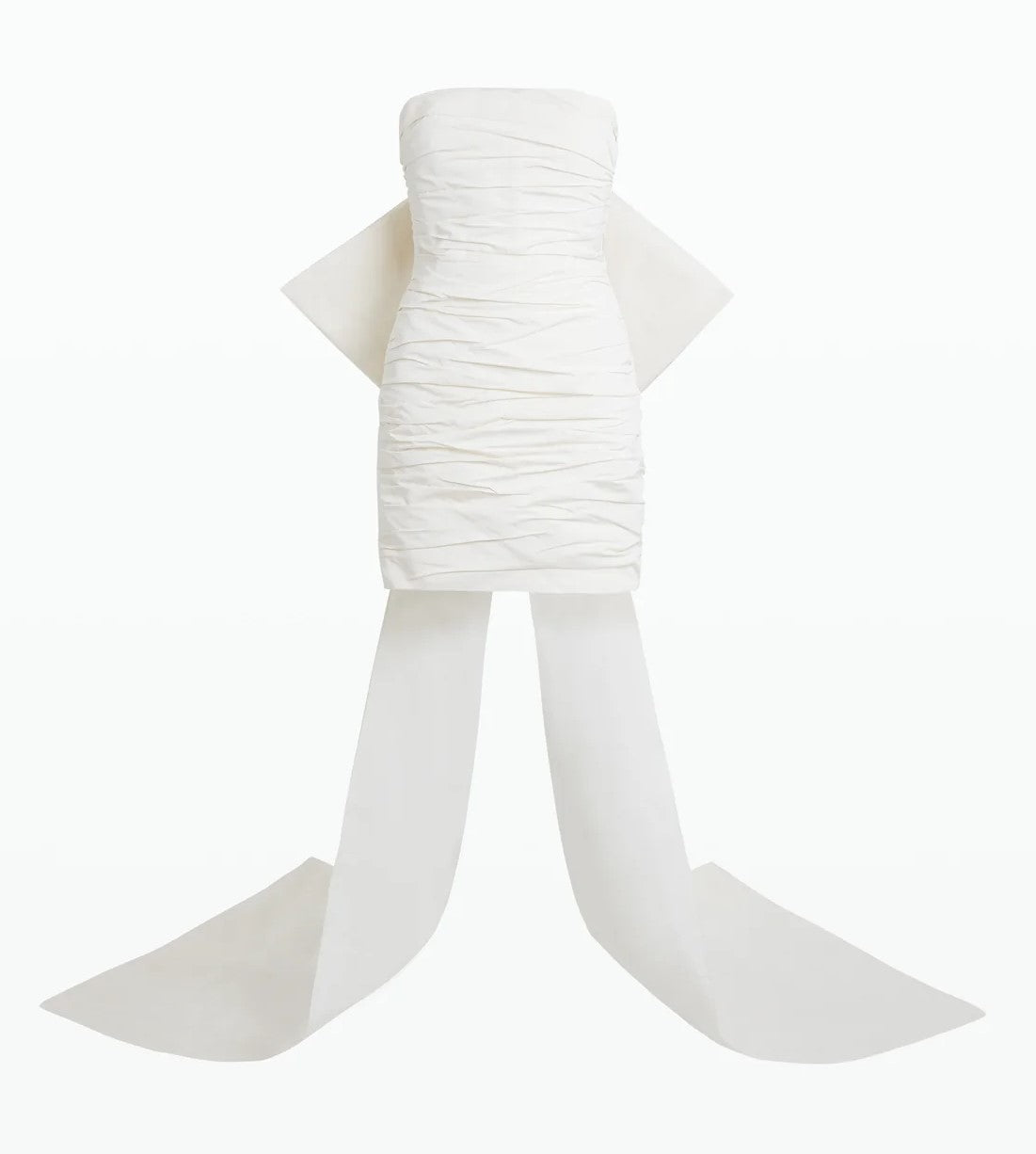 Safiyaa Camillae mini gathered dress. Silk faille strapless mini with statement back bow.