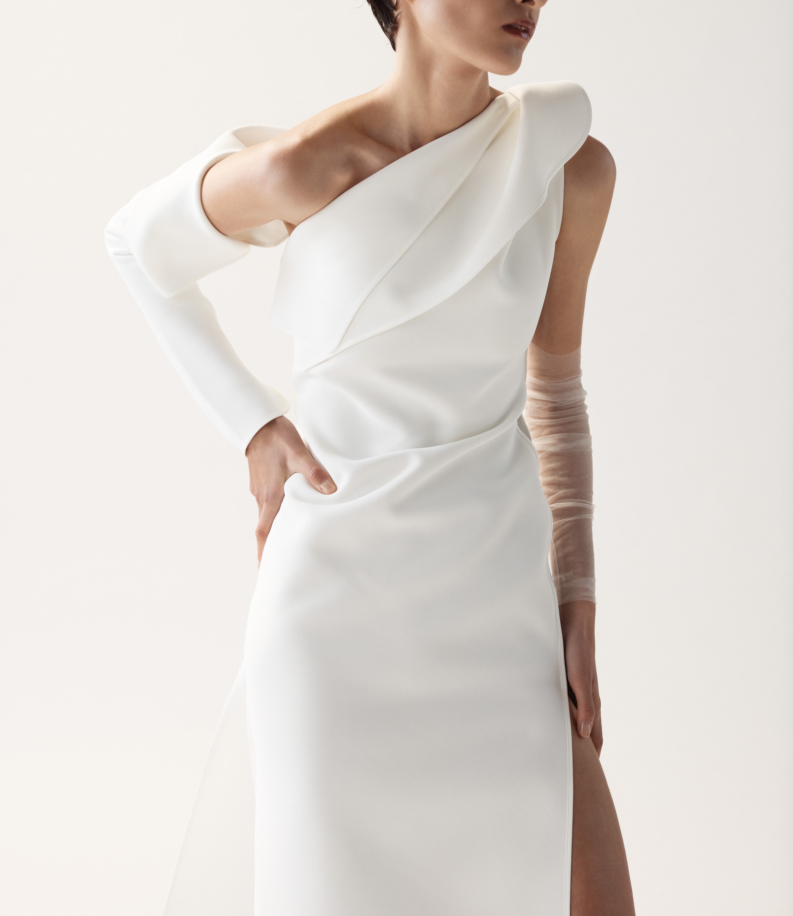 Toni Maticevski Archer gown. Asymmetrical neckline gown with thigh high slit.