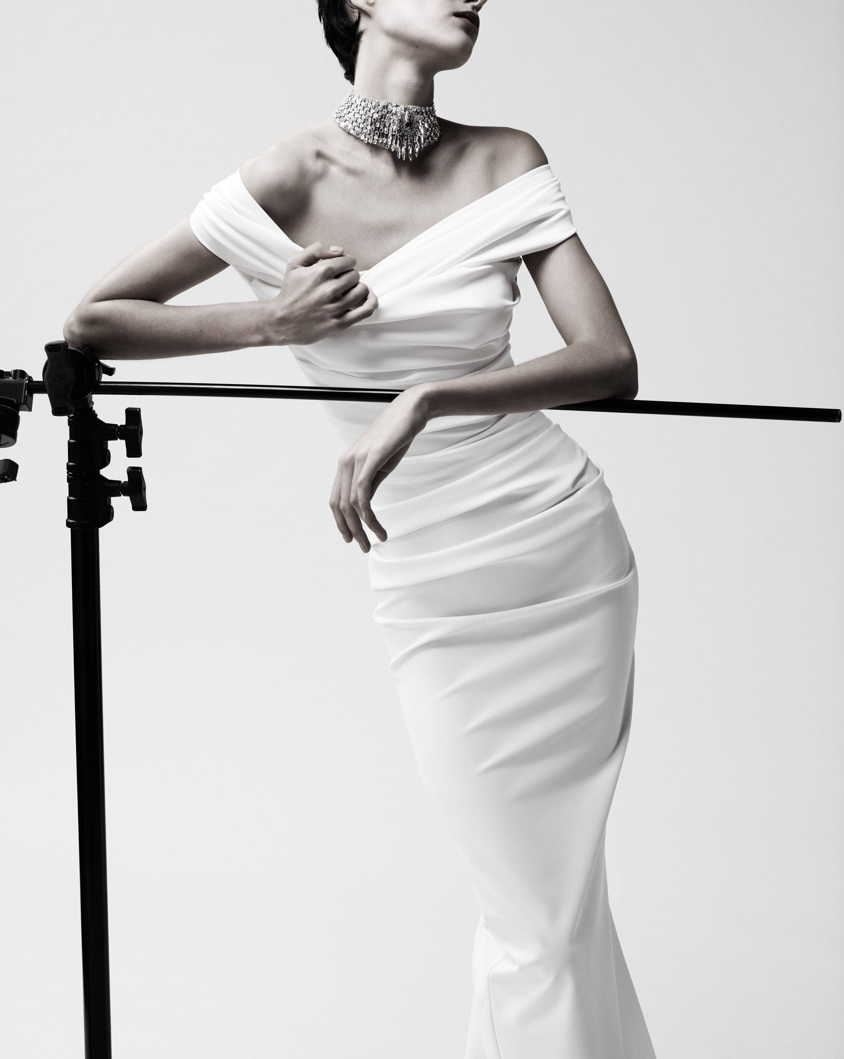 Toni Maticevski Assertion gown. Off the shoulder rouched fitted wedding dress.