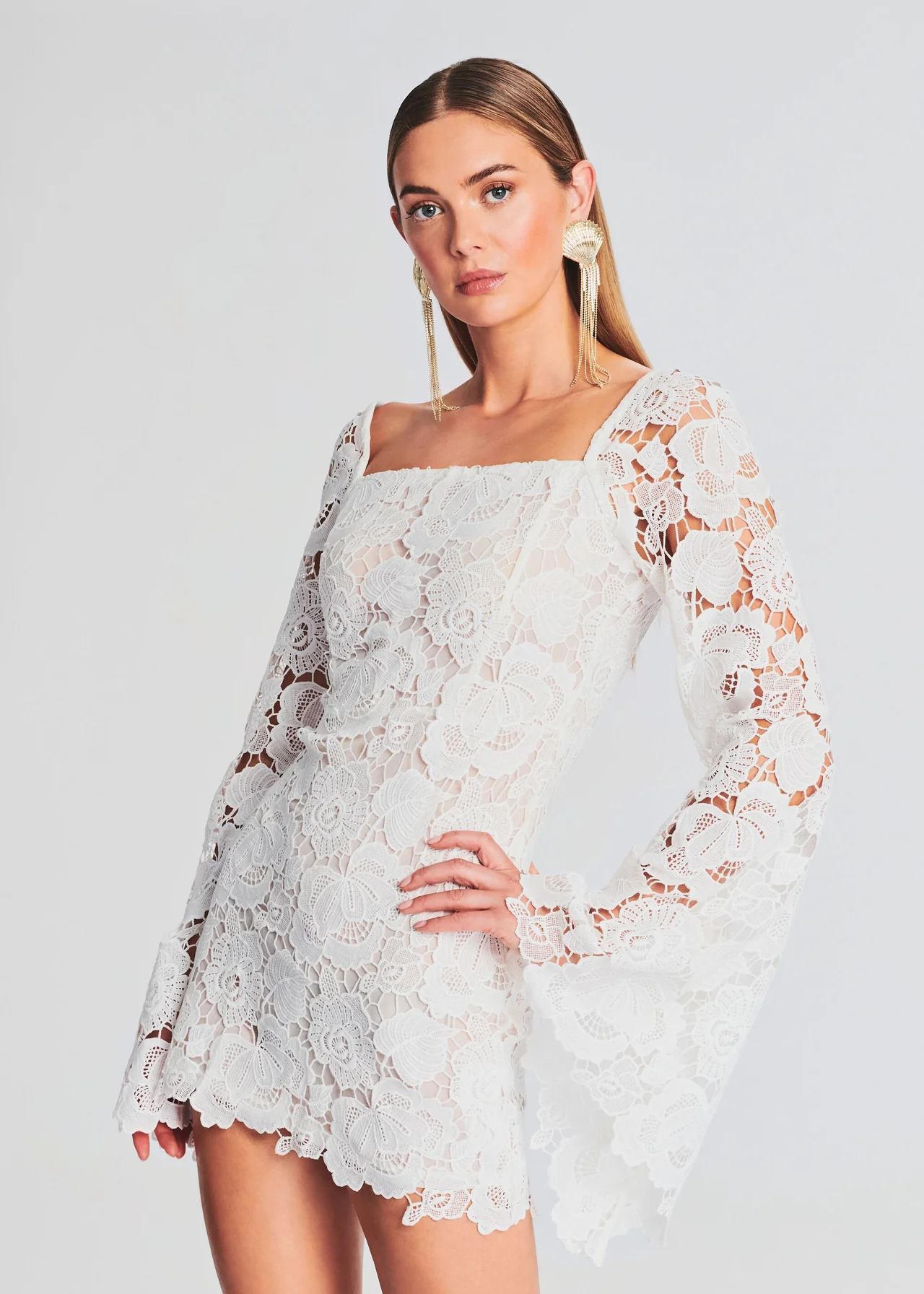 Rococo Sand square neck mini white lace dress with bell sleeves and scoop back