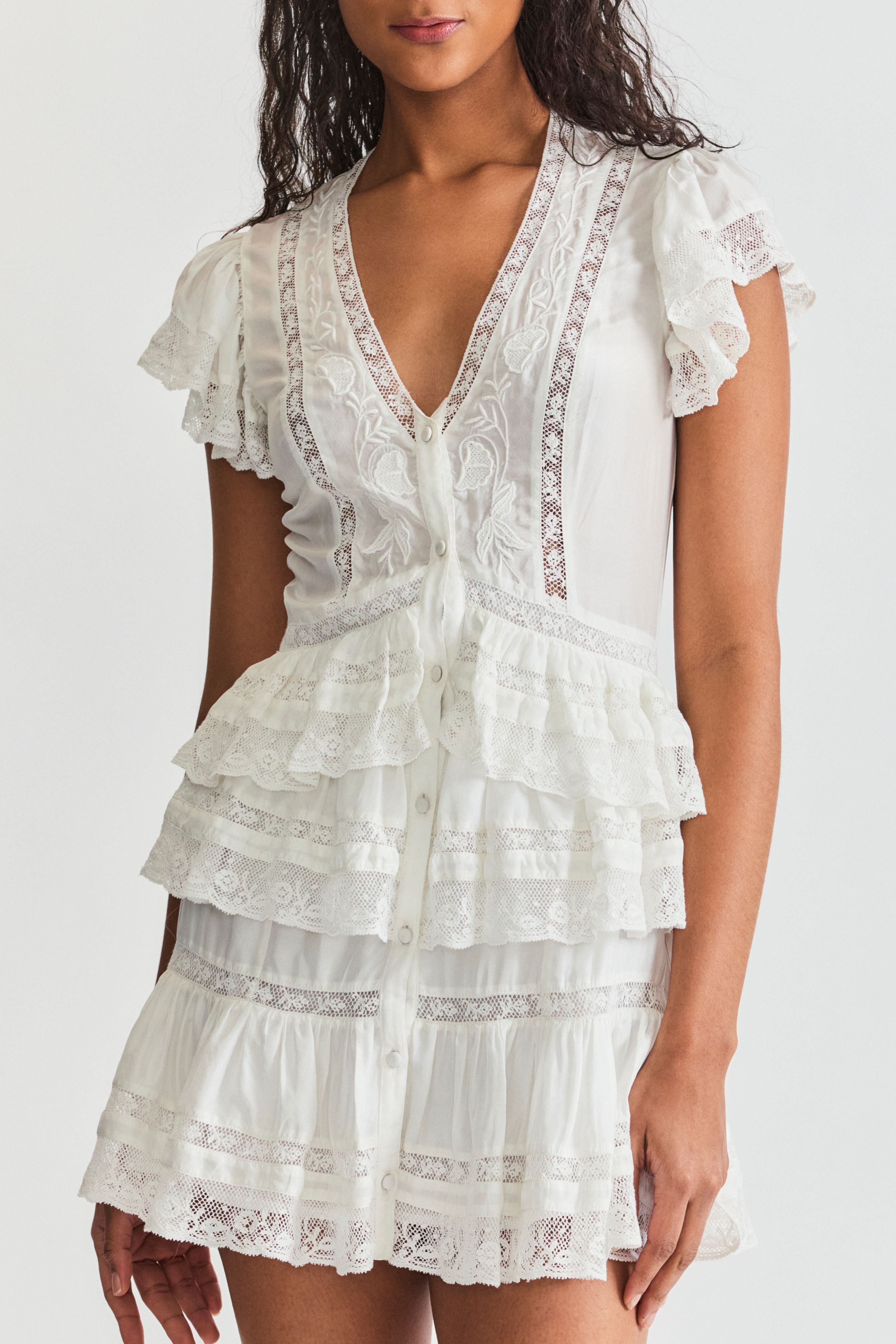 LoveShackFancy Kindler dress. Short sleeve v-neck summer short dress with flutter cap sleeves and lace detailing.