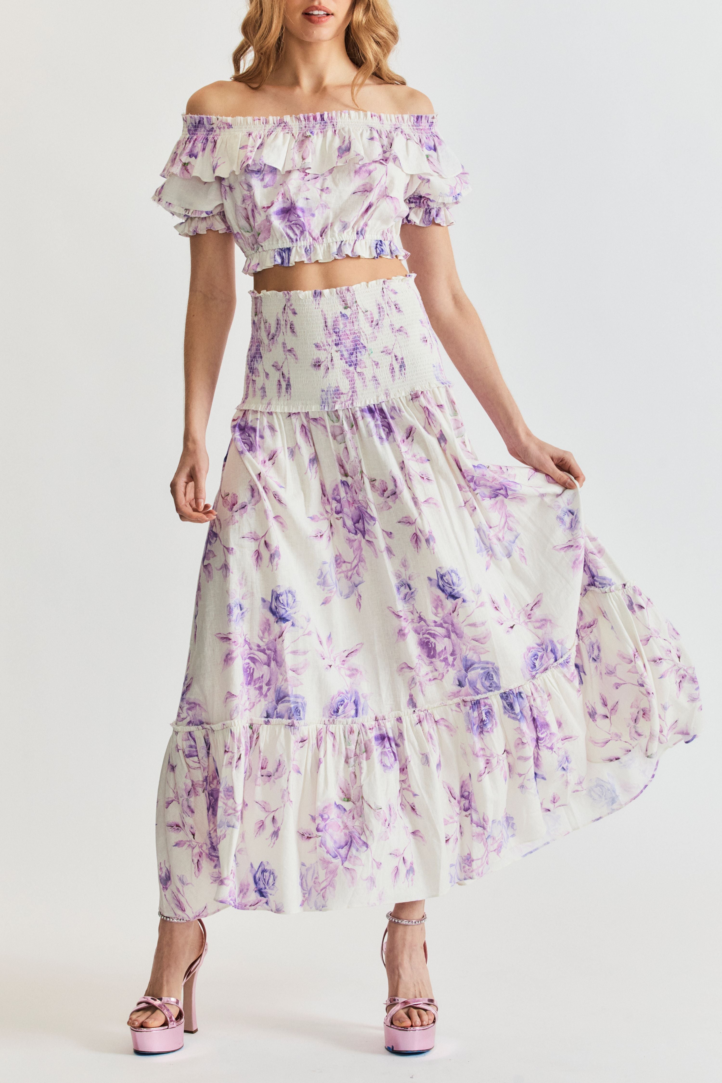 LoveShackFancy Audrille crop top. Off the shoulder ruffle crop top in white with purple floral print.