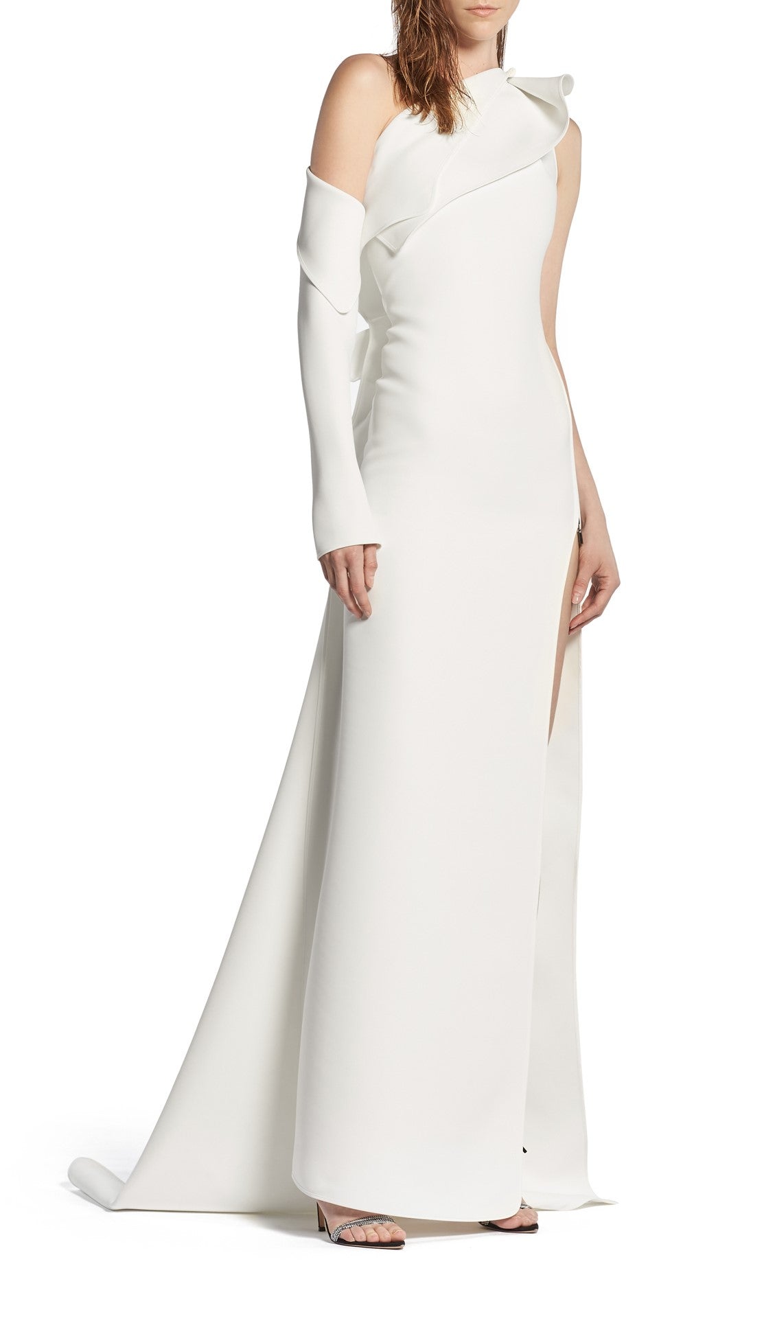 Toni Maticevski Archer gown. Asymmetrical neckline gown with thigh high slit. 