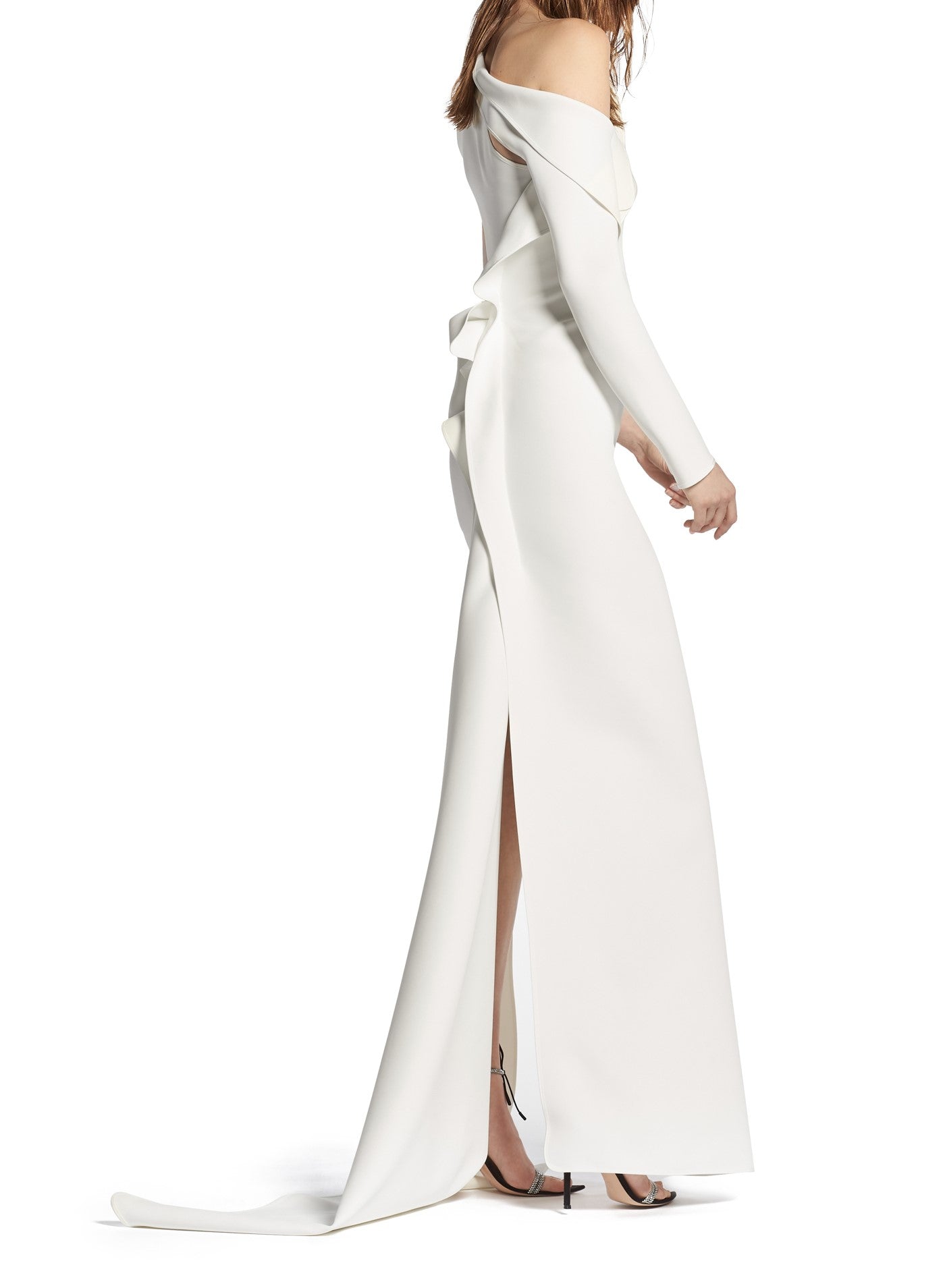 Toni Maticevski Archer gown. Asymmetrical neckline gown with thigh high slit. 