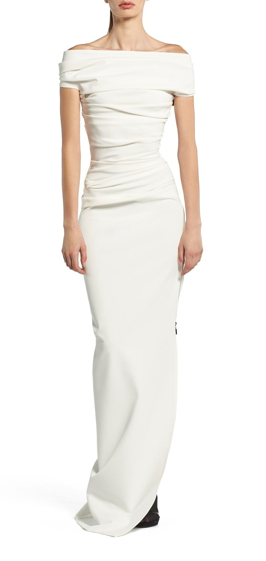 Toni Maticevski Assertion gown. Off the shoulder rouched fitted wedding dress.