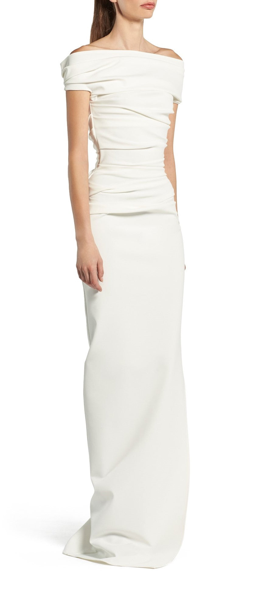 Toni Maticevski Assertion gown. Off the shoulder rouched fitted wedding dress.