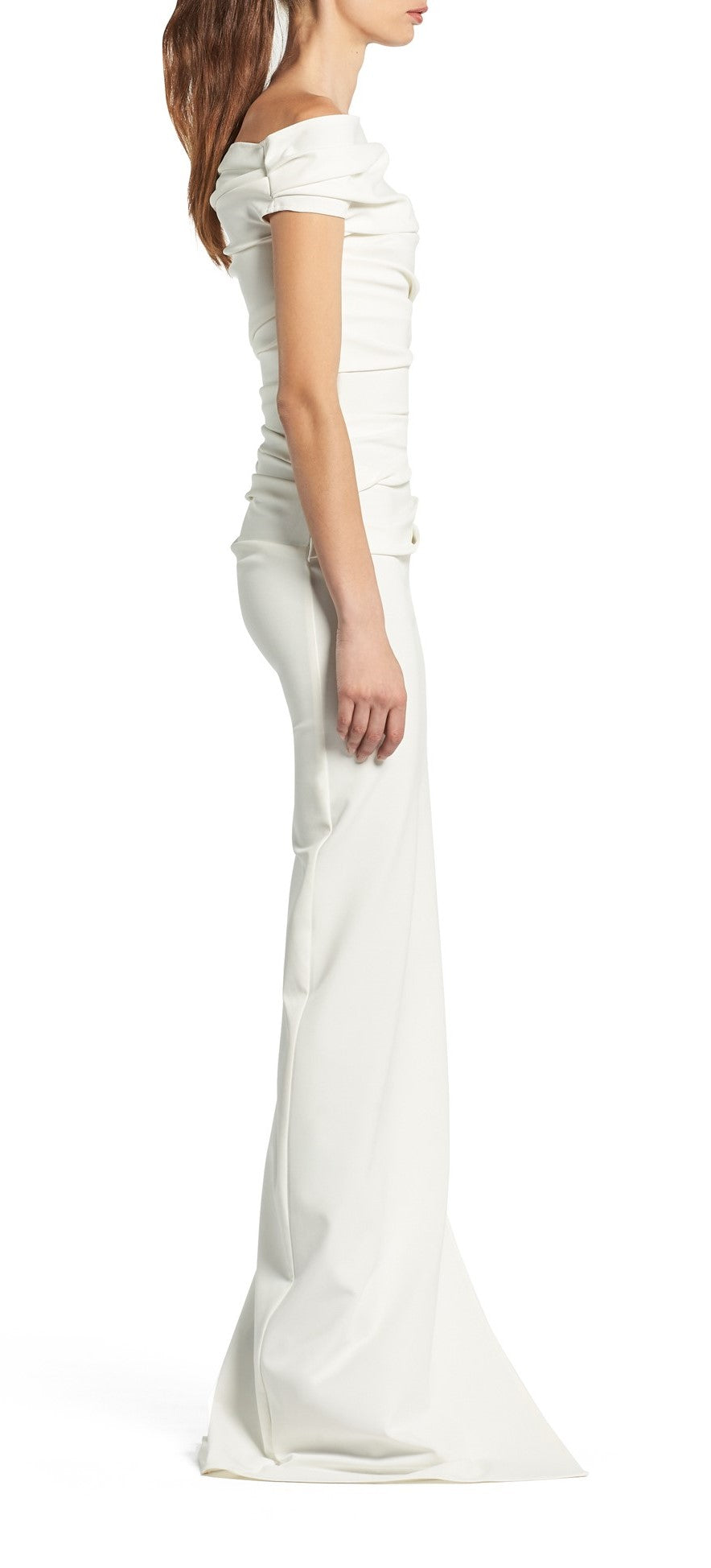 Toni Maticevski Assertion gown. Off the shoulder rouched fitted wedding dress.